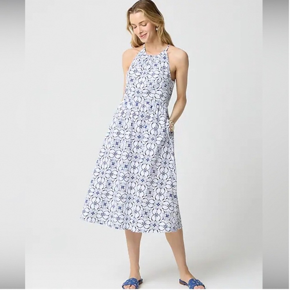 J.Crew Strappy Poplin Halter Dress White Regal Blue Antiqua Tile Print Size 10